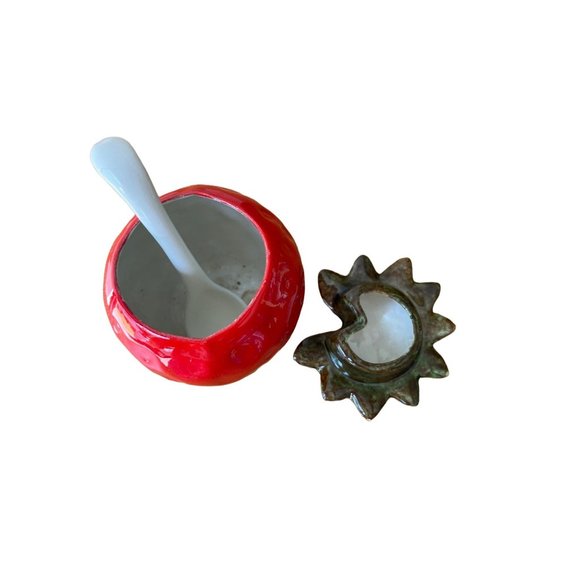 Strawberry Ceramic Jam Jar Sugar Bowl Spoon  Hand Painted - Picture 5 of 8